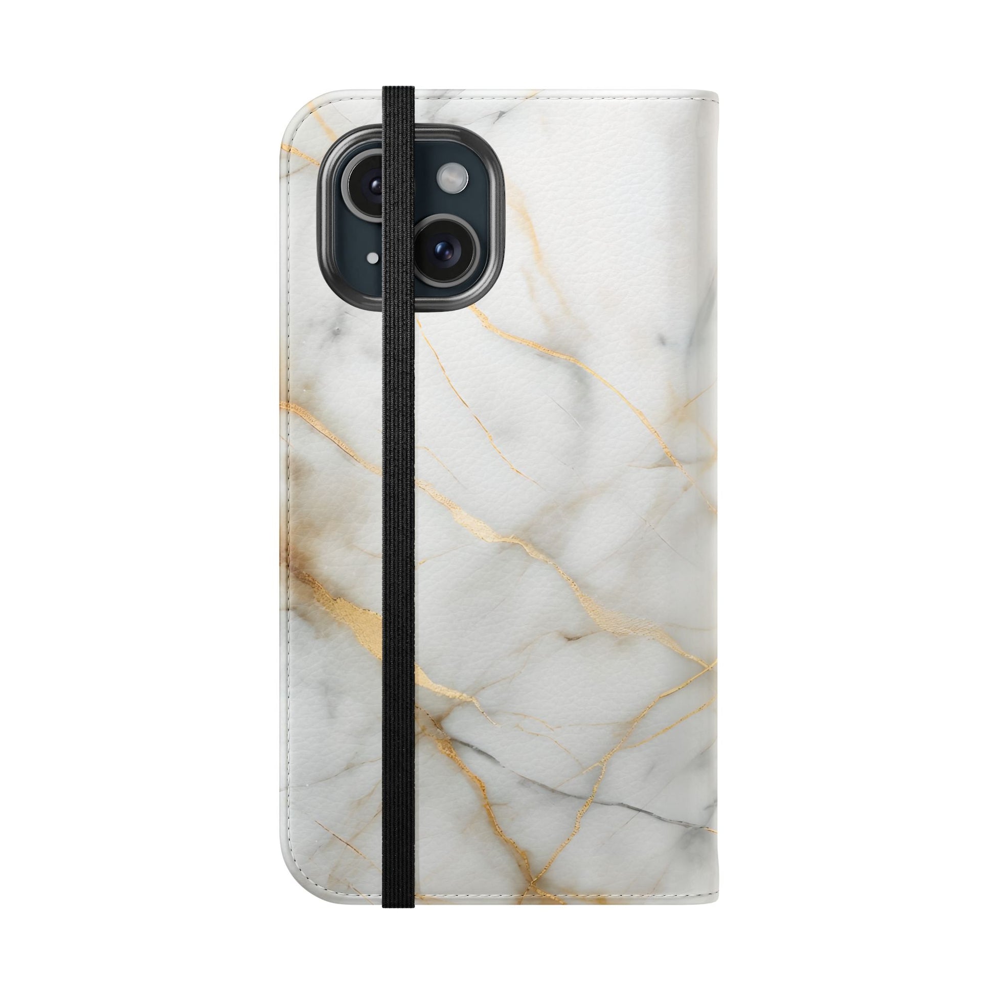 Golden Vein Wallet Phone Case - Gold & White Marble Design - Flip Cover for iPhone 15