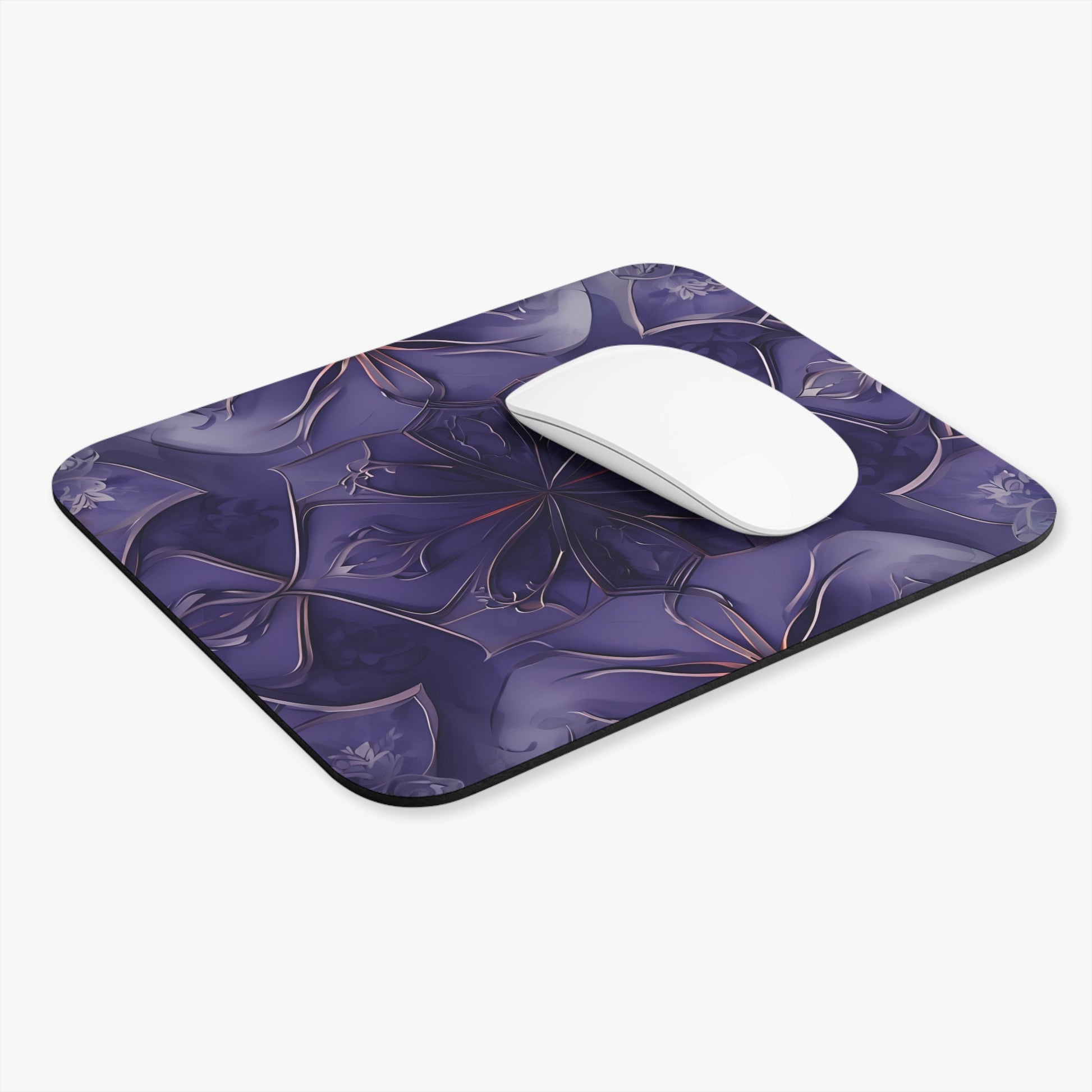 Violet Nebula mouse pad in workspace with mouse showing purple nebula-inspired artwork