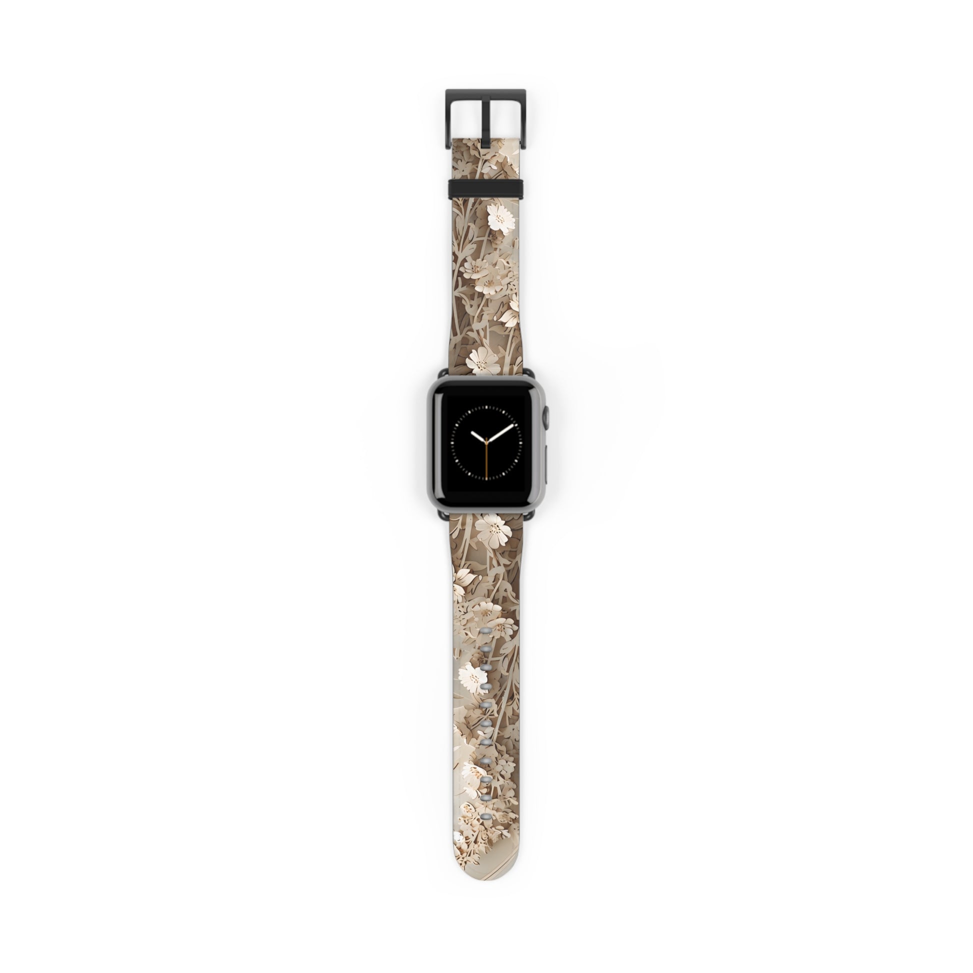 Moonlit Garden Apple Watch band featuring delicate floral artwork in soft neutral tones with black clasp