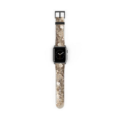 Moonlit Garden Apple Watch band featuring delicate floral artwork in soft neutral tones with black clasp