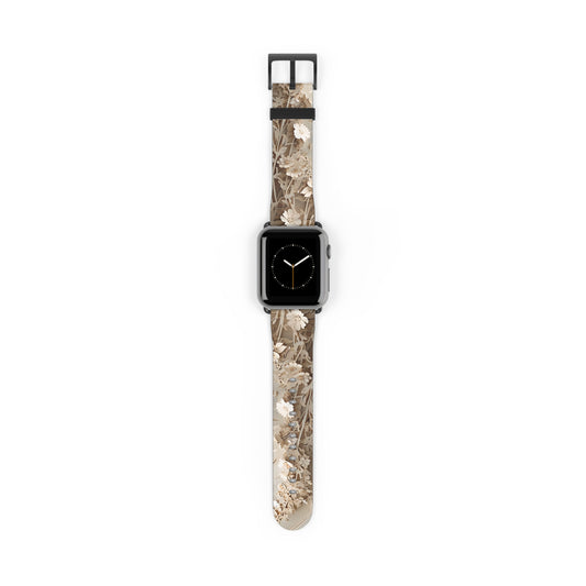 Moonlit Garden Apple Watch band featuring delicate floral artwork in soft neutral tones with black clasp