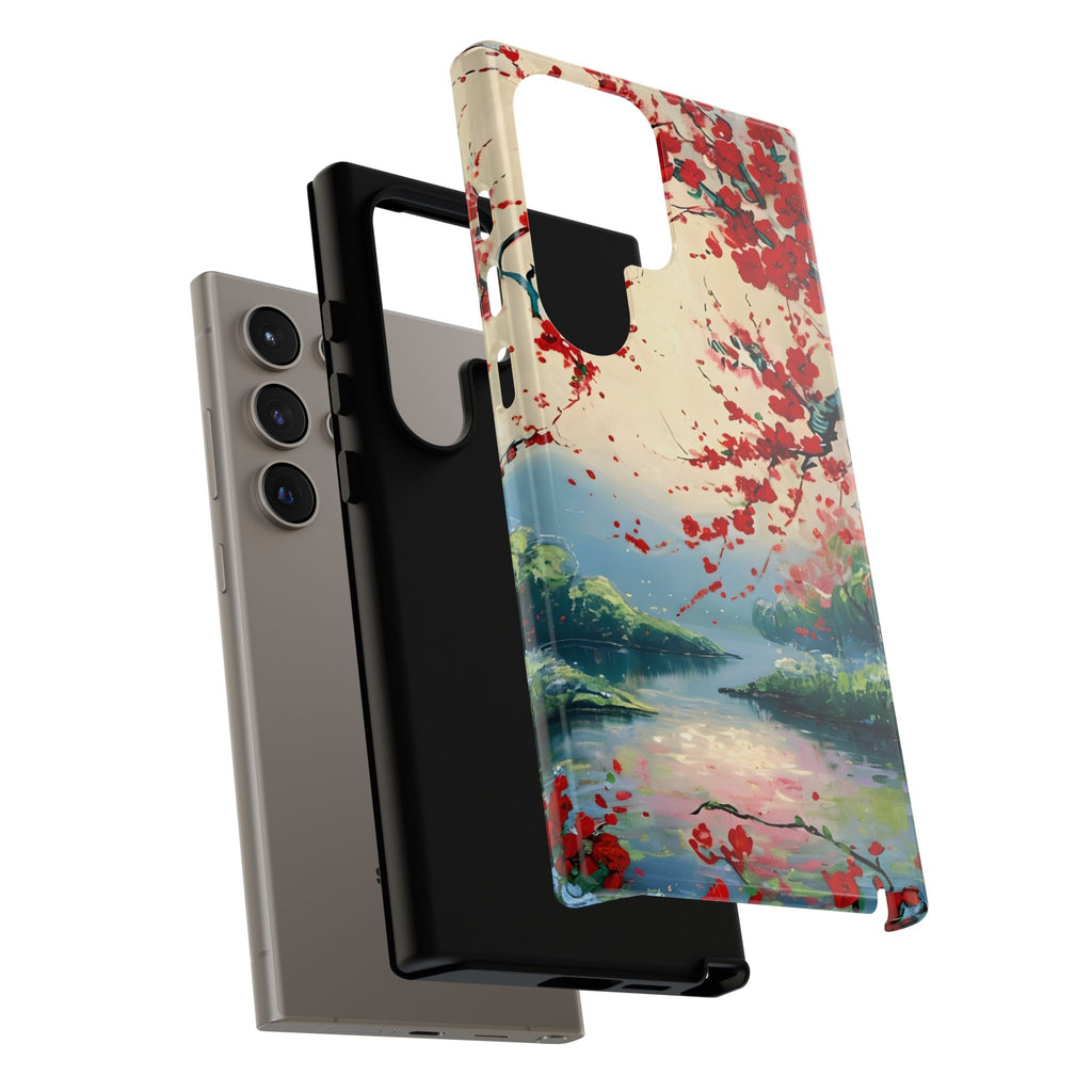 Crimson Blossom Lake - Artistic Floral Landscape Samsung Galaxy S24 Ultra Tough Phone Case - Red Cherry Blossoms & Serene Lake Design