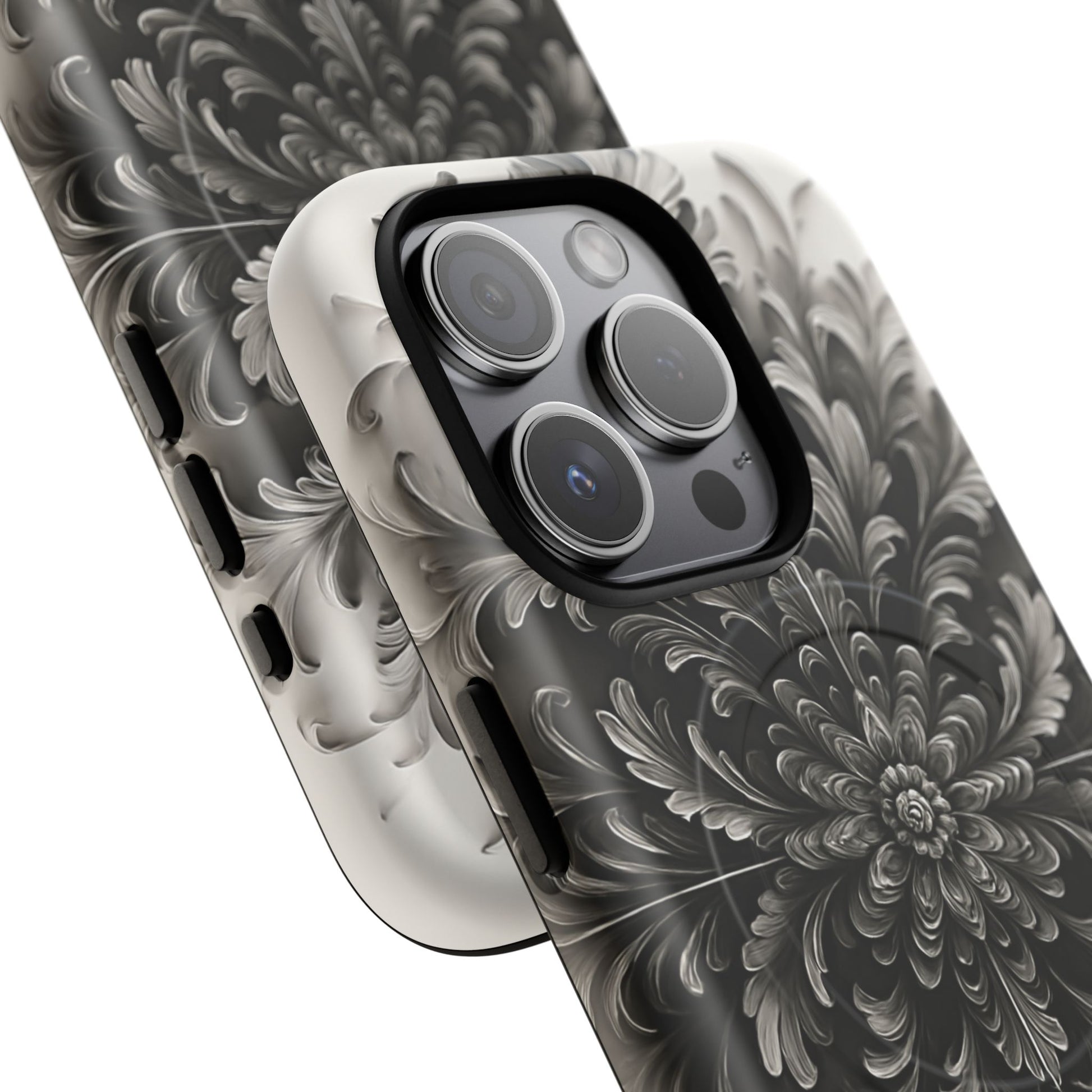 Obsidian Bloom - Elegant Black & White iPhone 15 Pro MagSafe Phone Case - Intricate Mandala Flower Design