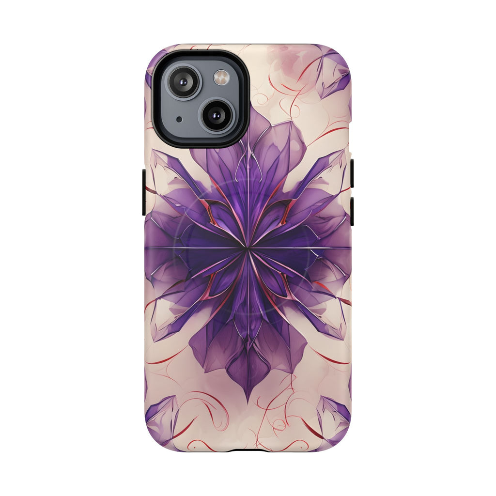 Violet Reverie - Kaleidoscope Collection Artistic Floral Burst - iPhone 14 MagSafe Phone Case - Bold Purple Symmetrical Design