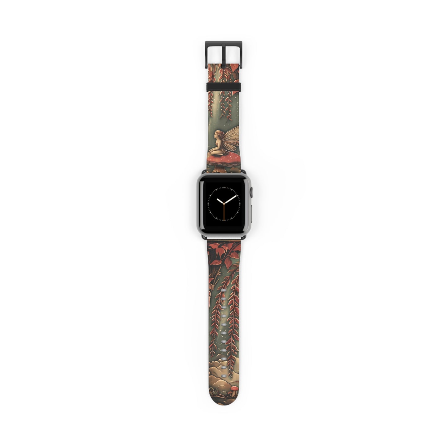 Willow Whisper Apple Watch band with watch face featuring fairy sitting on mushroom in enchanted forest beneath a willow tree
