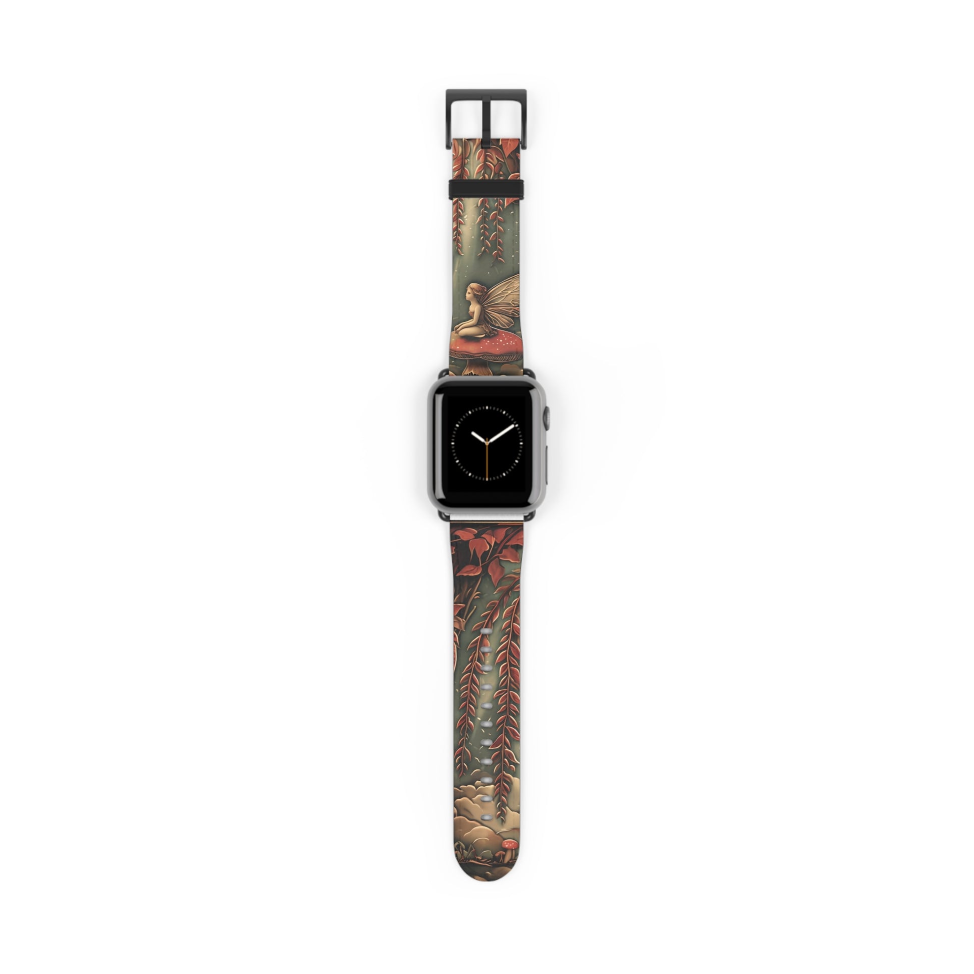 Willow Whisper Apple Watch band with watch face featuring fairy sitting on mushroom in enchanted forest beneath a willow tree