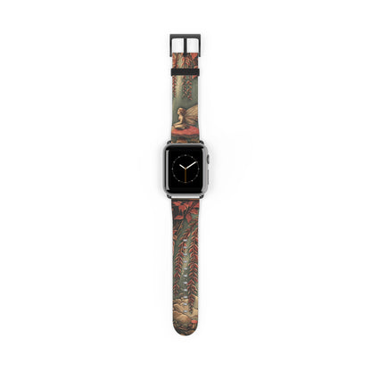 Willow Whisper Apple Watch band with watch face featuring fairy sitting on mushroom in enchanted forest beneath a willow tree