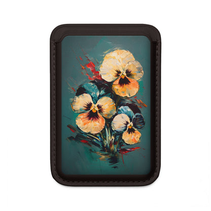 Golden Pansy Cascade floral MagSafe card holder with vintage pansy bouquet artwork on black magnetic wallet for iPhone