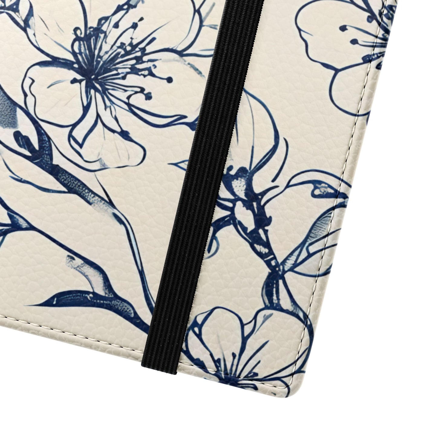 Close-up of Blossom Sketch Samsung Galaxy wallet flip phone case with navy botanical floral illustration
