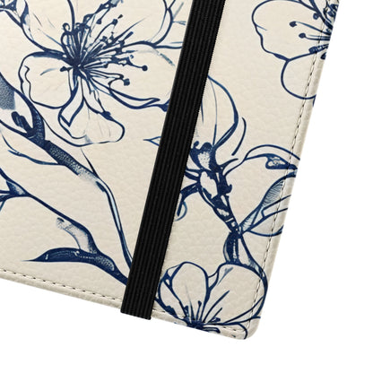 Close-up of Blossom Sketch Samsung Galaxy wallet flip phone case with navy botanical floral illustration