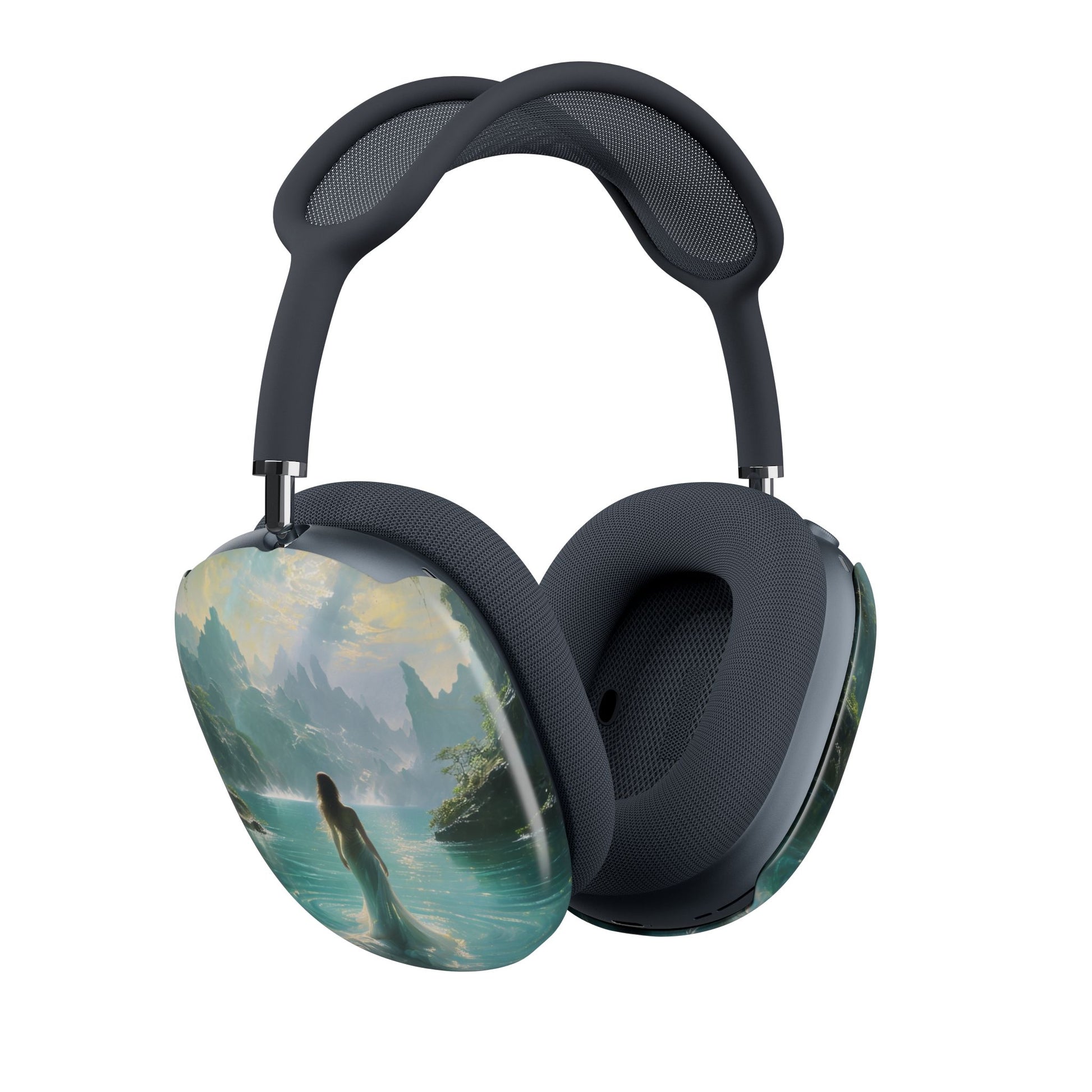 Celestial Tides AirPods Max cover set on Apple headphones, fantasy ocean landscape with lone woman for Apple AirPods Max, angled side view
