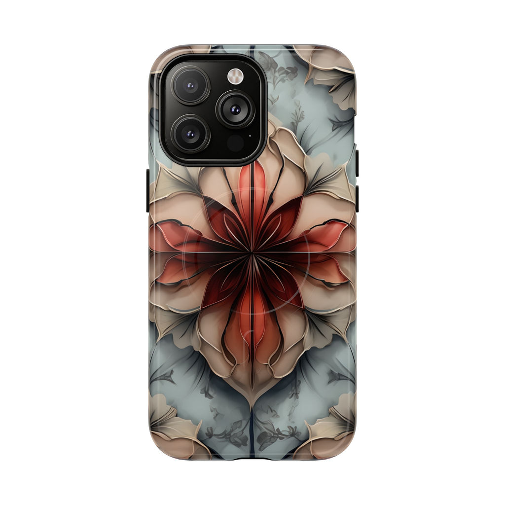 Ember Bloom - Kaleidoscope Collection Artistic Floral iPhone 14 Pro Max MagSafe Phone Case - Fiery Symmetrical Design
