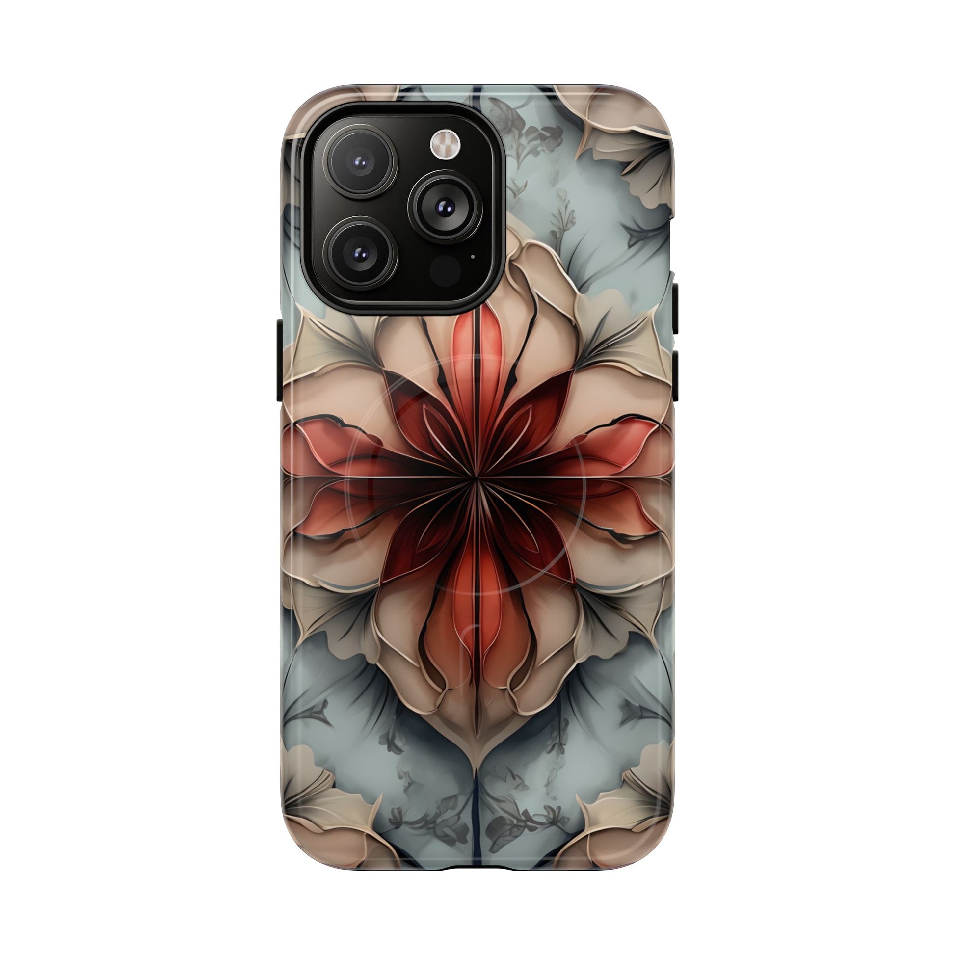 Ember Bloom - Kaleidoscope Collection Artistic Floral iPhone 14 Pro Max MagSafe Phone Case - Fiery Symmetrical Design