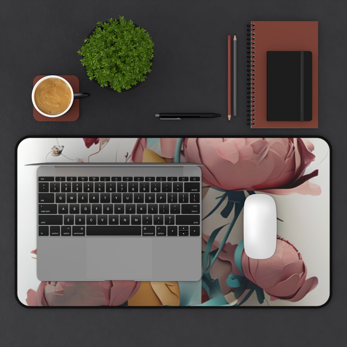 Blushing Peony Veil desk mat in workspace with keyboard showing delicate peony blossom design