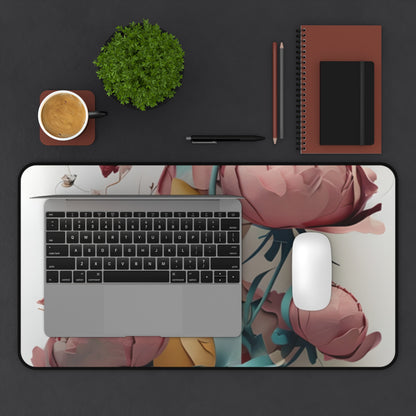 Blushing Peony Veil desk mat in workspace with keyboard showing delicate peony blossom design