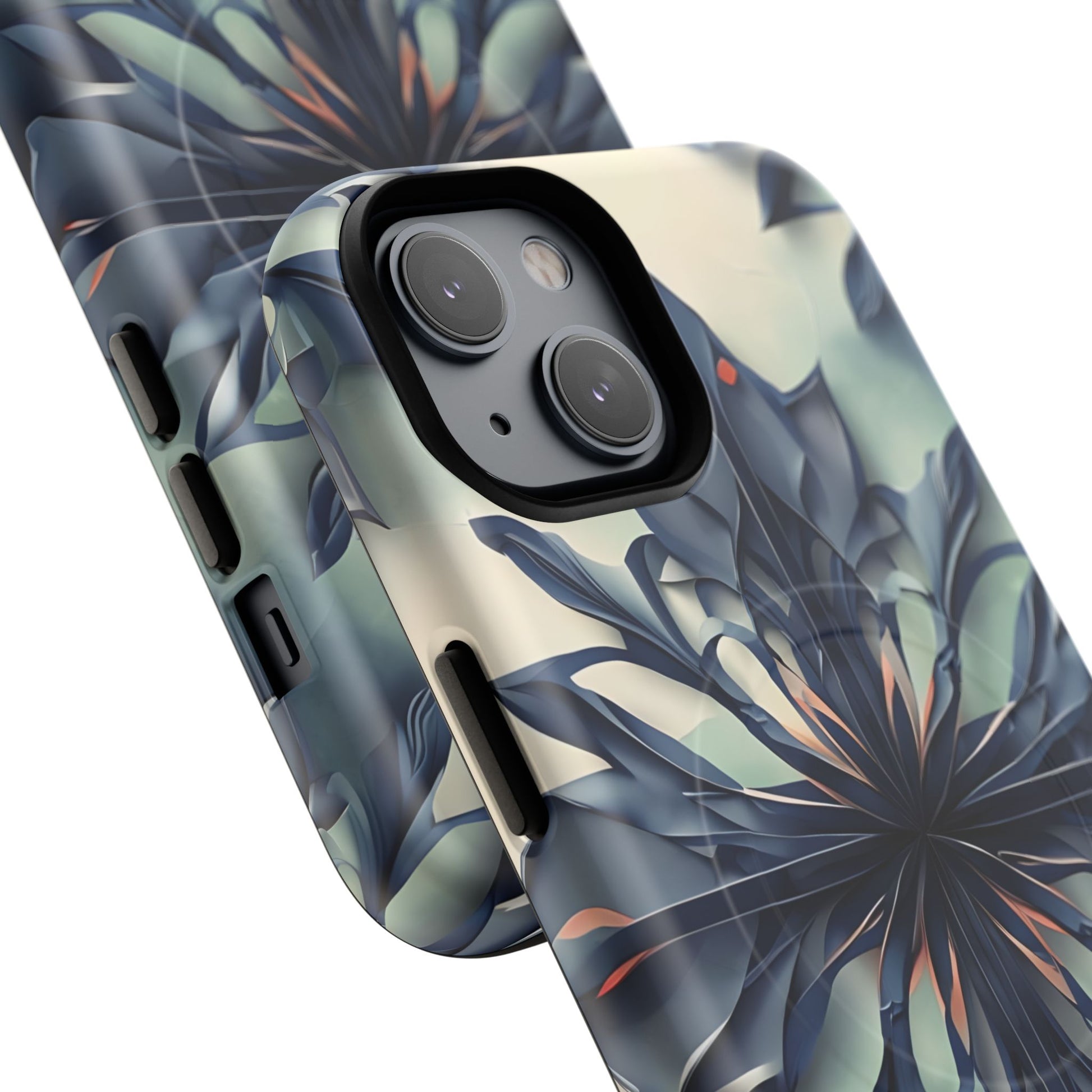 Frosted Indigo Bloom - Artistic Kaleidoscope Collection Artistic Floral - iPhone 14 MagSafe Phone Case -Blue Symmetrical Design