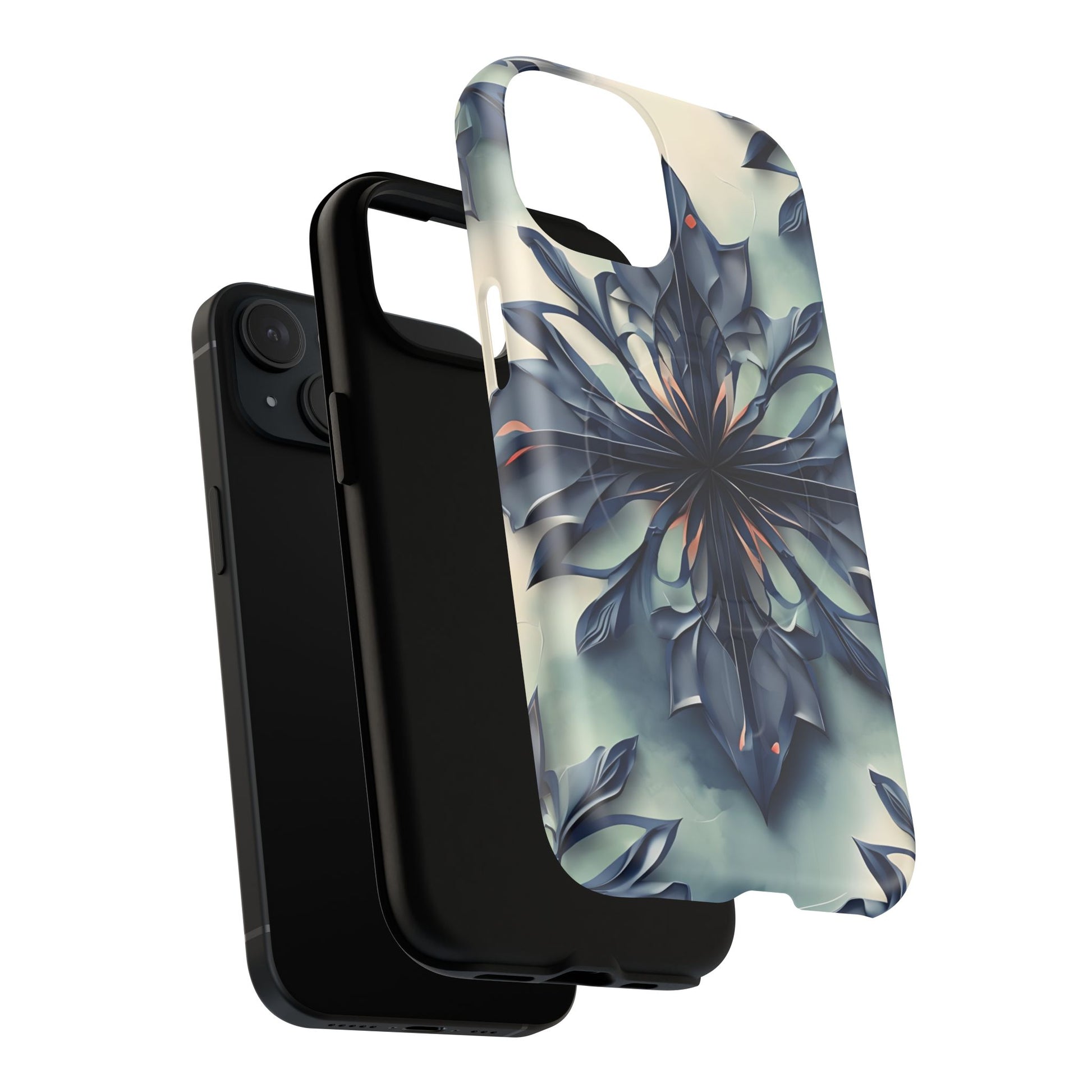 Frosted Indigo Bloom - Artistic Kaleidoscope Collection Artistic Floral - iPhone 15 MagSafe Phone Case -Blue Symmetrical Design