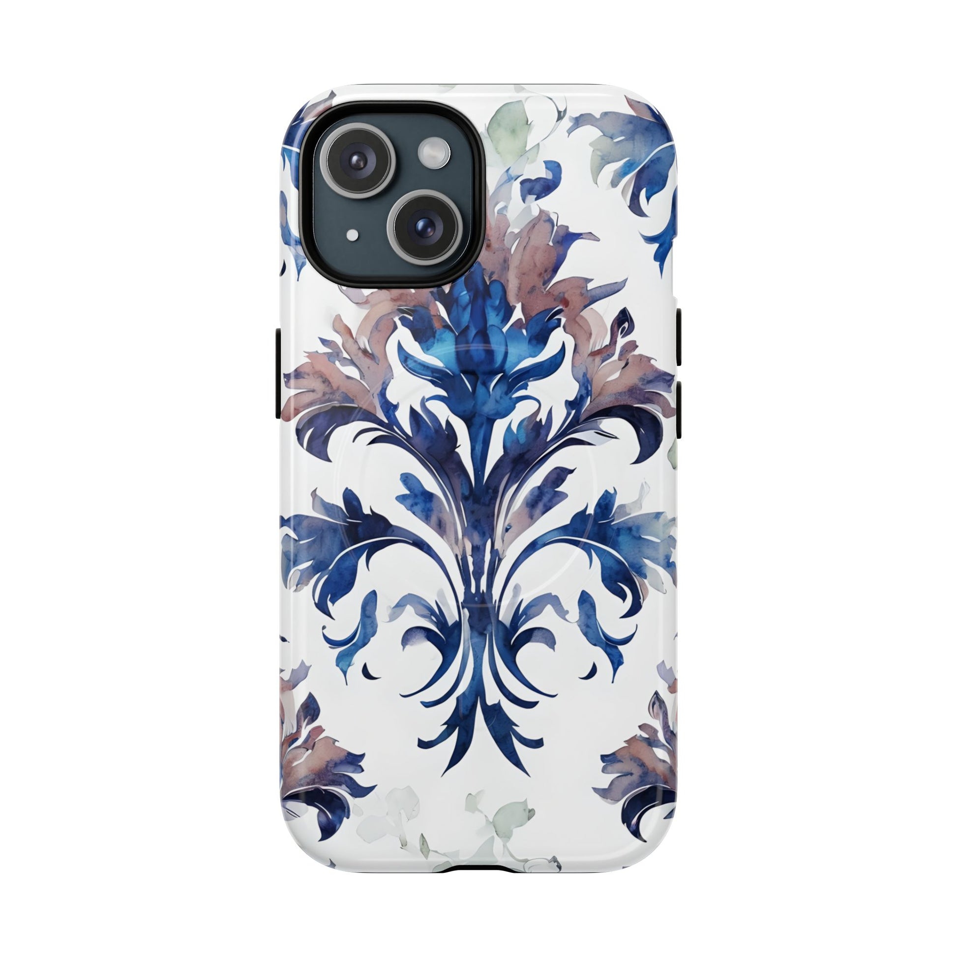 Delft Reverie - Elegant Blue & White iPhone 15 MagSafe Phone Case - Dutch Delftware-Inspired Floral Design