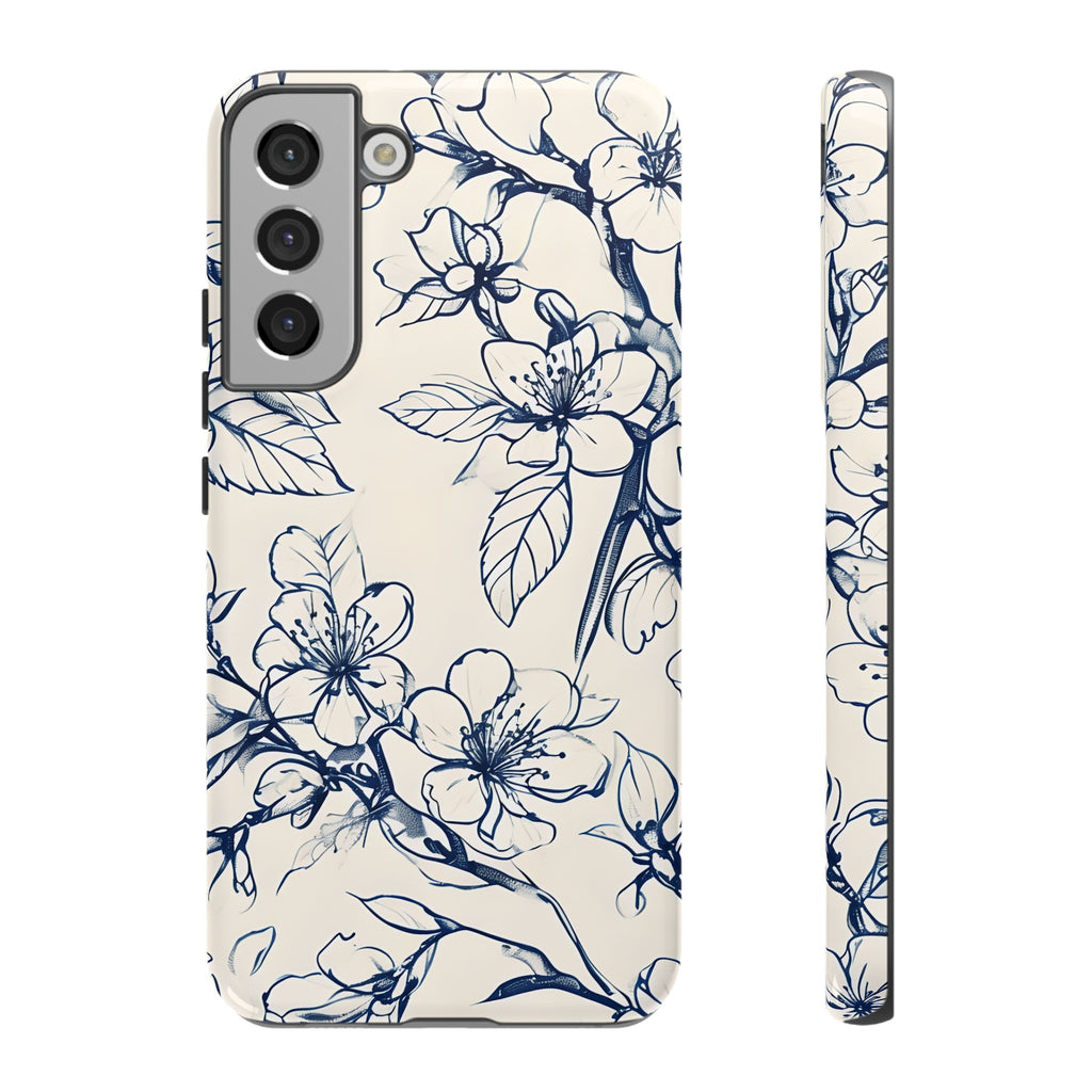 Blossom Sketch - Artistic Blue Floral Samsung Galaxy S22 Plus Tough Phone Case - Hand-Drawn Botanical Design