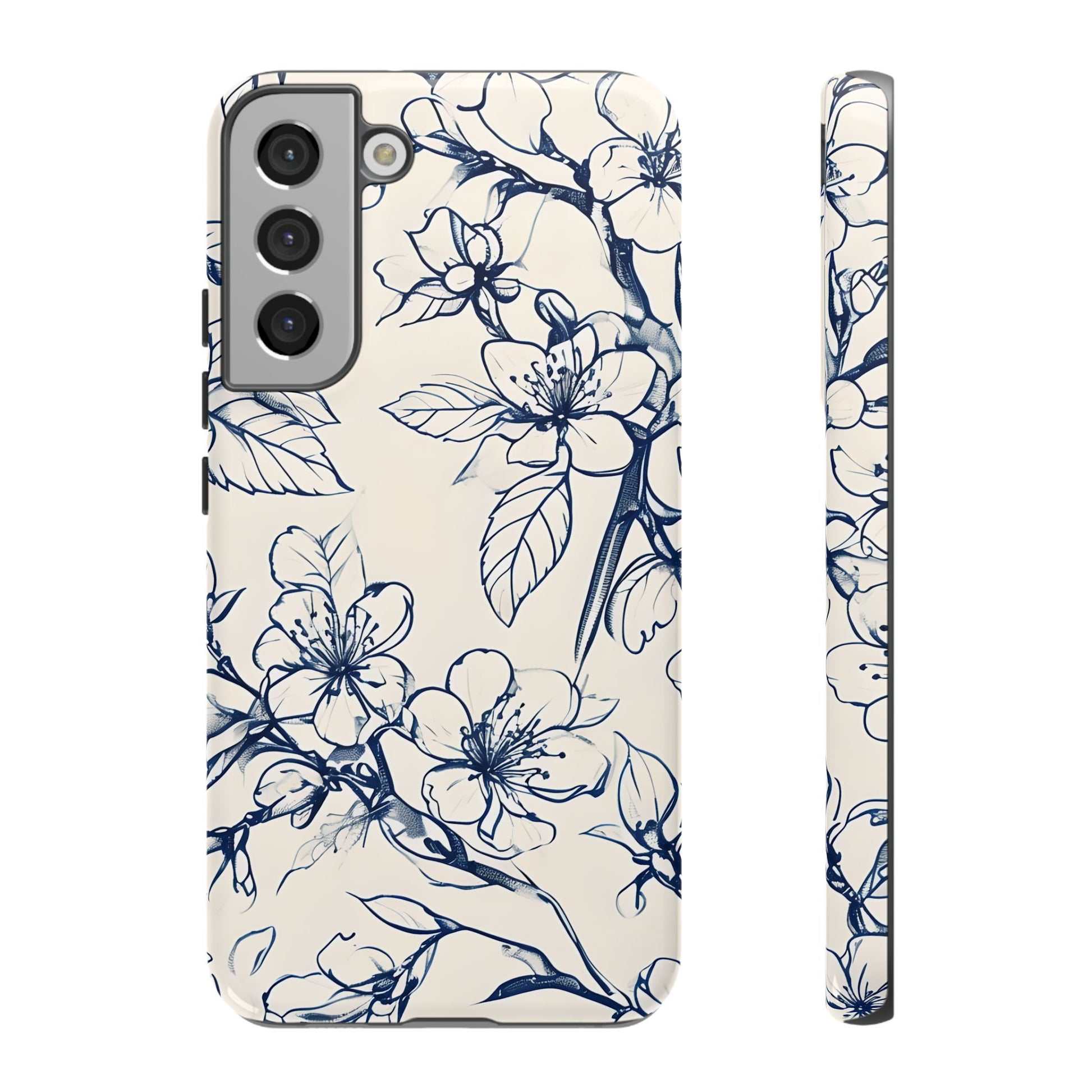 Blossom Sketch - Artistic Blue Floral Samsung Galaxy S22 Plus Tough Phone Case - Hand-Drawn Botanical Design