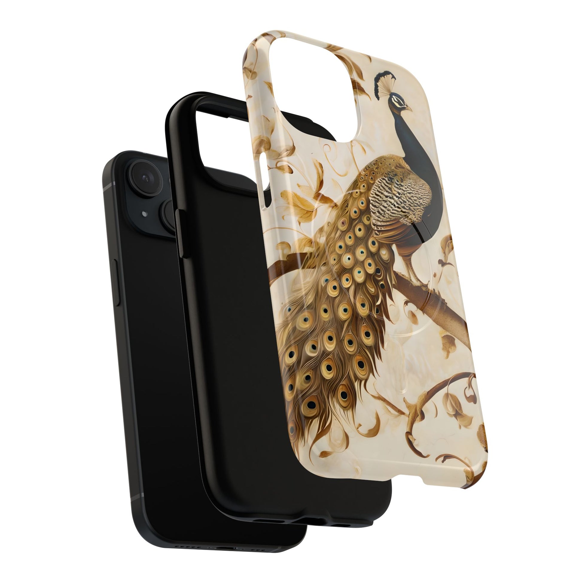 Golden Plumage - Luxe Peacock Art iPhone 15 Phone Case - MagSafe Compatible - Elegant Gold & Cream Design