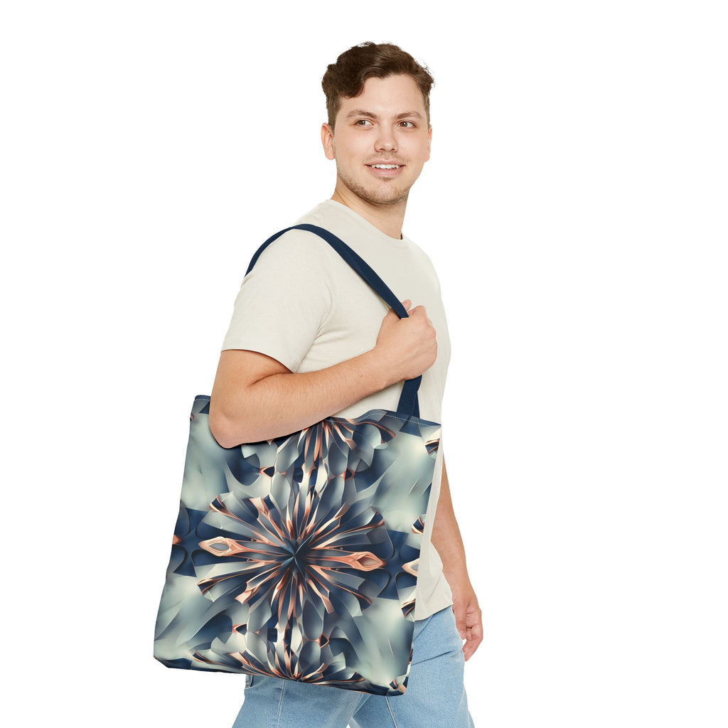 Obsidian Kaleidoscope Canvas Tote Bag (16x16 & 18x18)- Premium Navy Handle Designer Tote, Artistic Eco-Friendly Shopping Bag