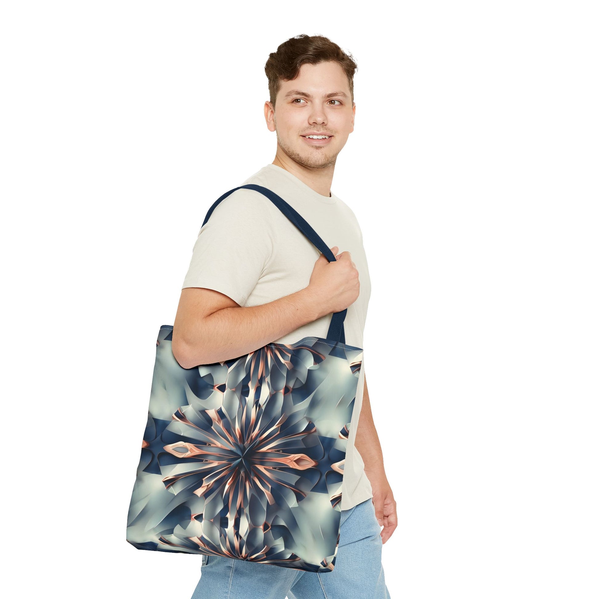 Obsidian Kaleidoscope Canvas Tote Bag (16x16 & 18x18)- Premium Navy Handle Designer Tote, Artistic Eco-Friendly Shopping Bag