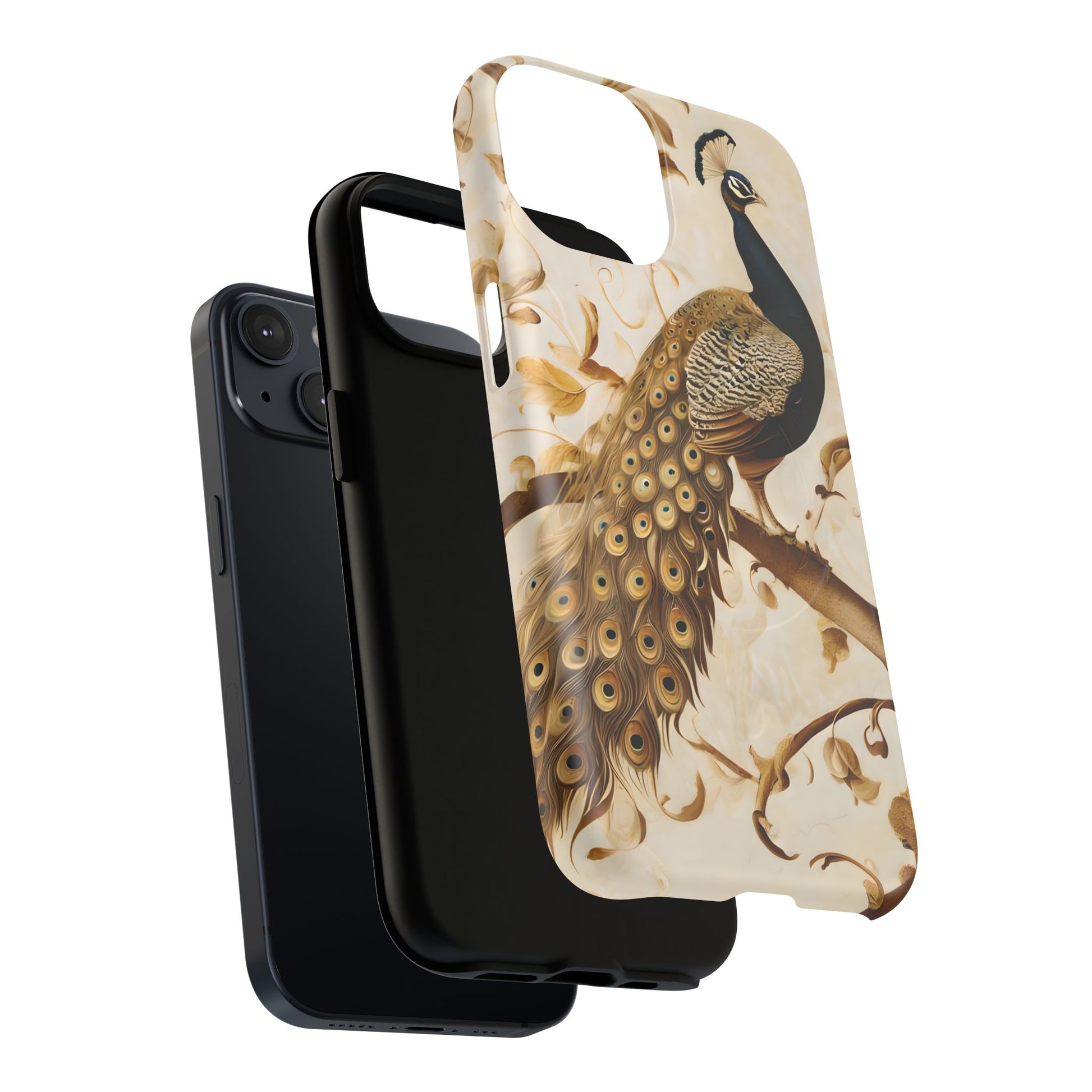 Golden Plumage - Luxe Peacock Art iPhone 14 Phone Case - MagSafe Compatible - Elegant Gold & Cream Design