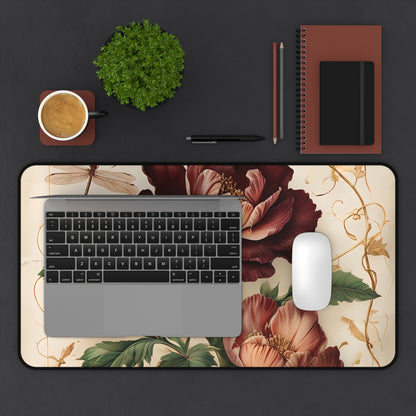 Vintage Burgundy Rose desk mat in workspace with keyboard showing vintage rose floral design