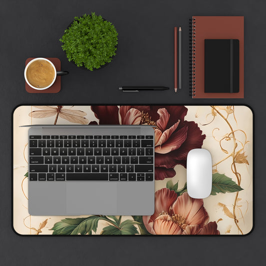Vintage Burgundy Rose desk mat in workspace with keyboard showing vintage rose floral design