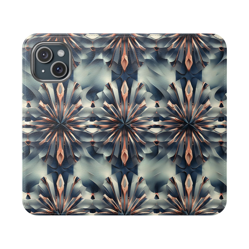 Obsidian Kaleidoscope iPhone 15 Wallet Case - Elegant Abstract Flip Cover with Card Slots
