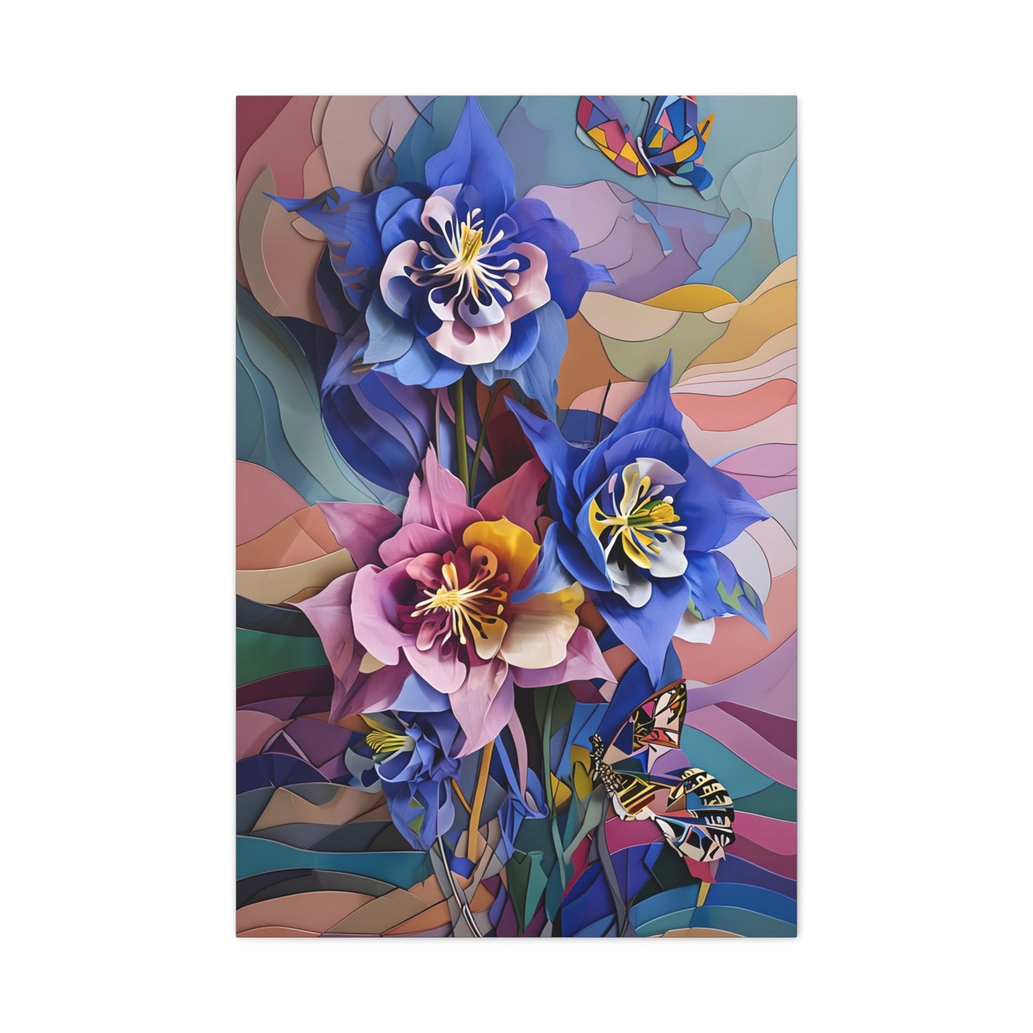 Blue Columbine Carnivale wall art canvas featuring vibrant blue columbine flowers and butterflies in a colorful abstract botanical style