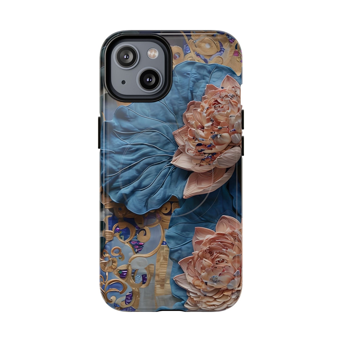 Peony Midnight Tapestry iPhone MagSafe case with blue and pink peony floral design