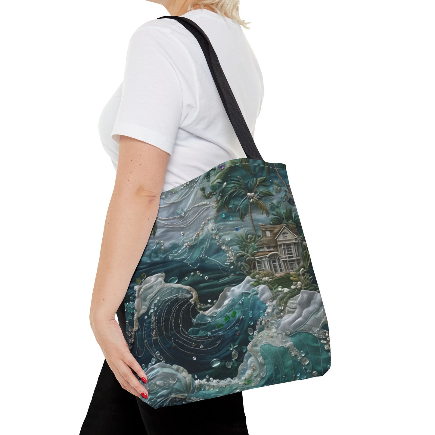 Tropical Midnight Wave canvas tote bag worn over shoulder showing ocean-inspired tropical artwork