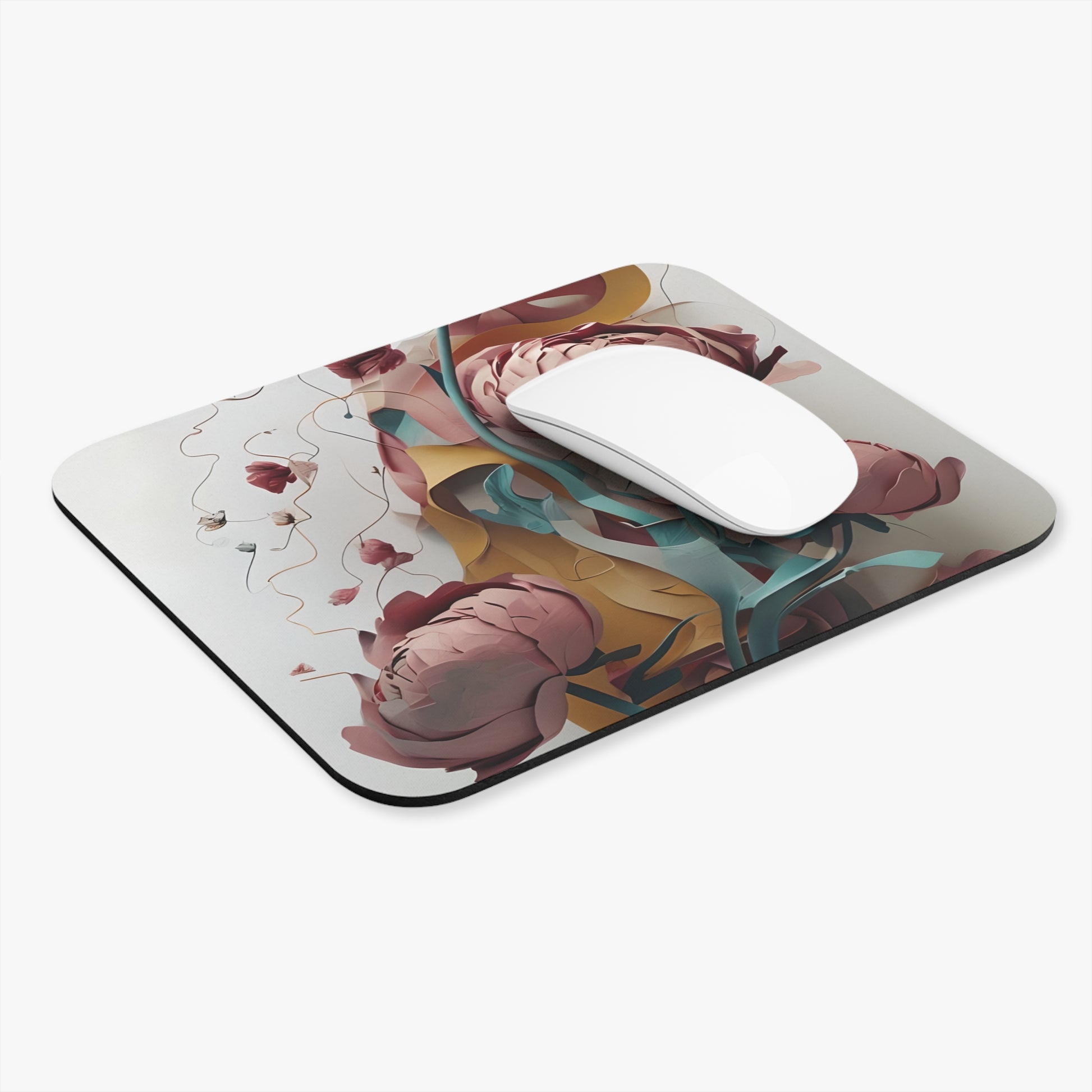 Blushing Peony Veil mouse pad in workspace with mouse showing delicate peony design