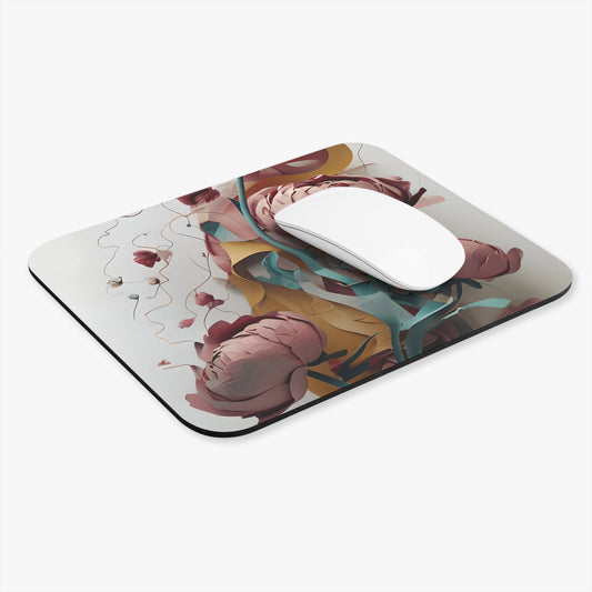 Blushing Peony Veil mouse pad in workspace with mouse showing delicate peony design