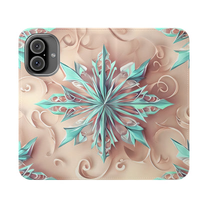 Frosted Petals iPhone Wallet Case - Soft Floral Kaleidoscope Design in Blush & Aqua