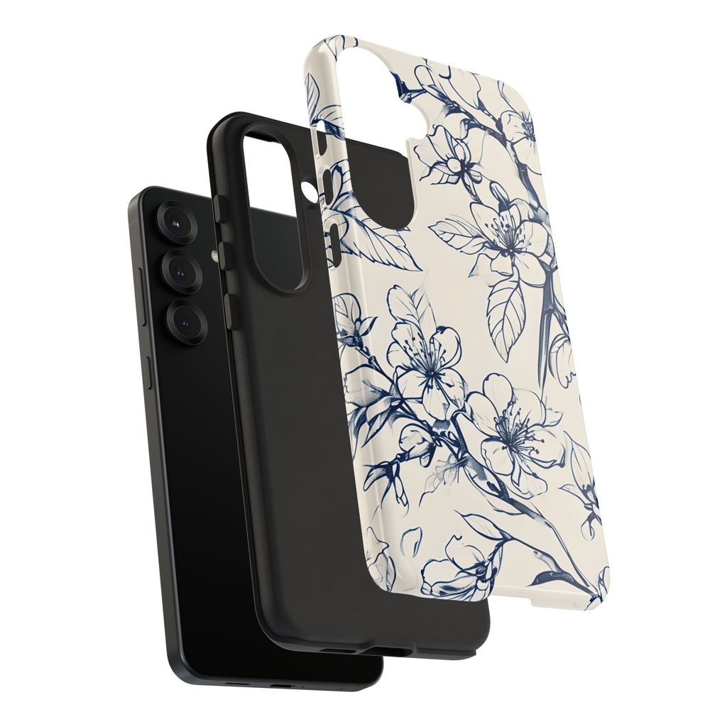 Blossom Sketch - Artistic Blue Floral Samsung Galaxy S25 Plus Tough Phone Case - Hand-Drawn Botanical Design