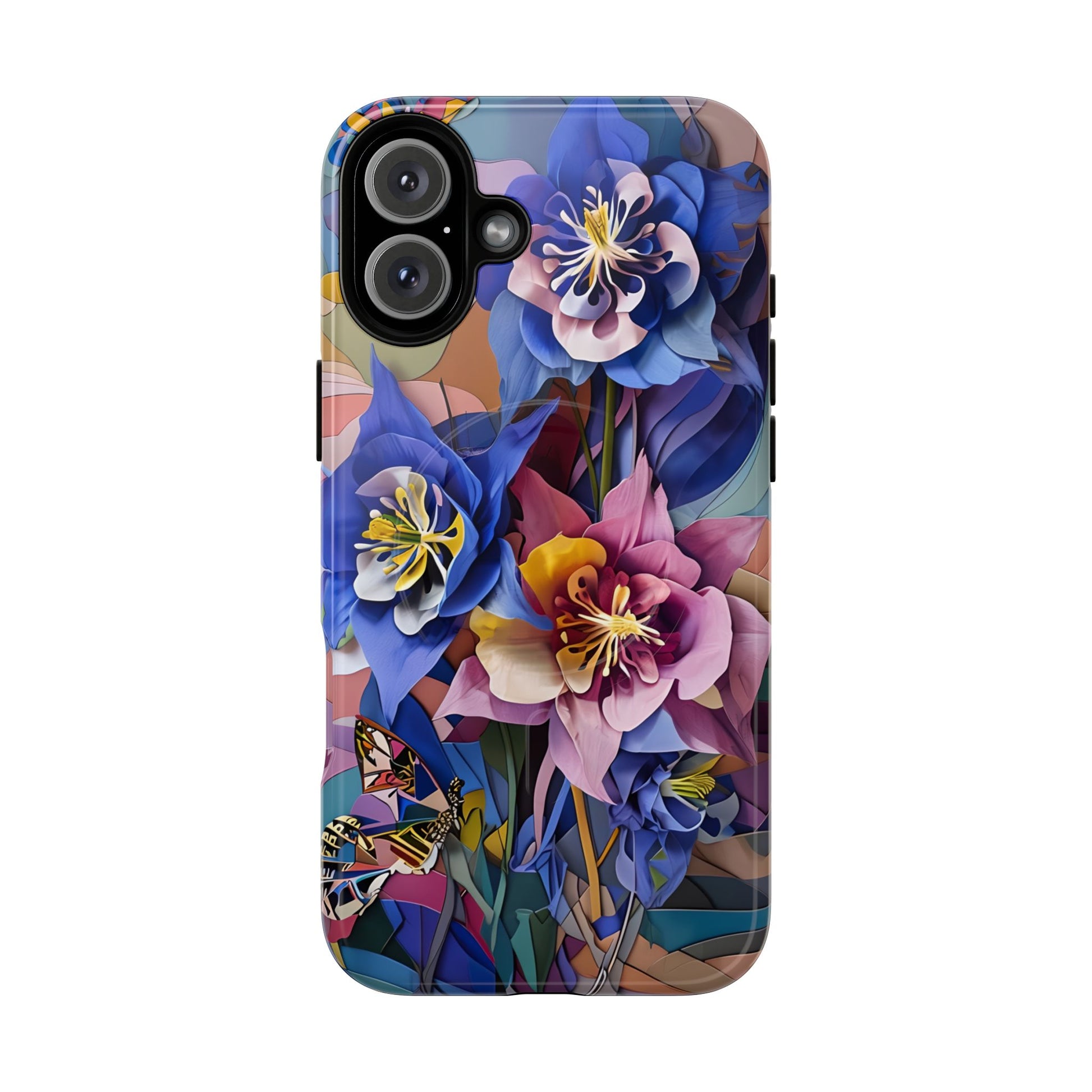 Blue Columbine Carnivale - Artistic Floral & Butterfly iPhone 16 Plus MagSafe Phone Case - Vibrant Botanical Design