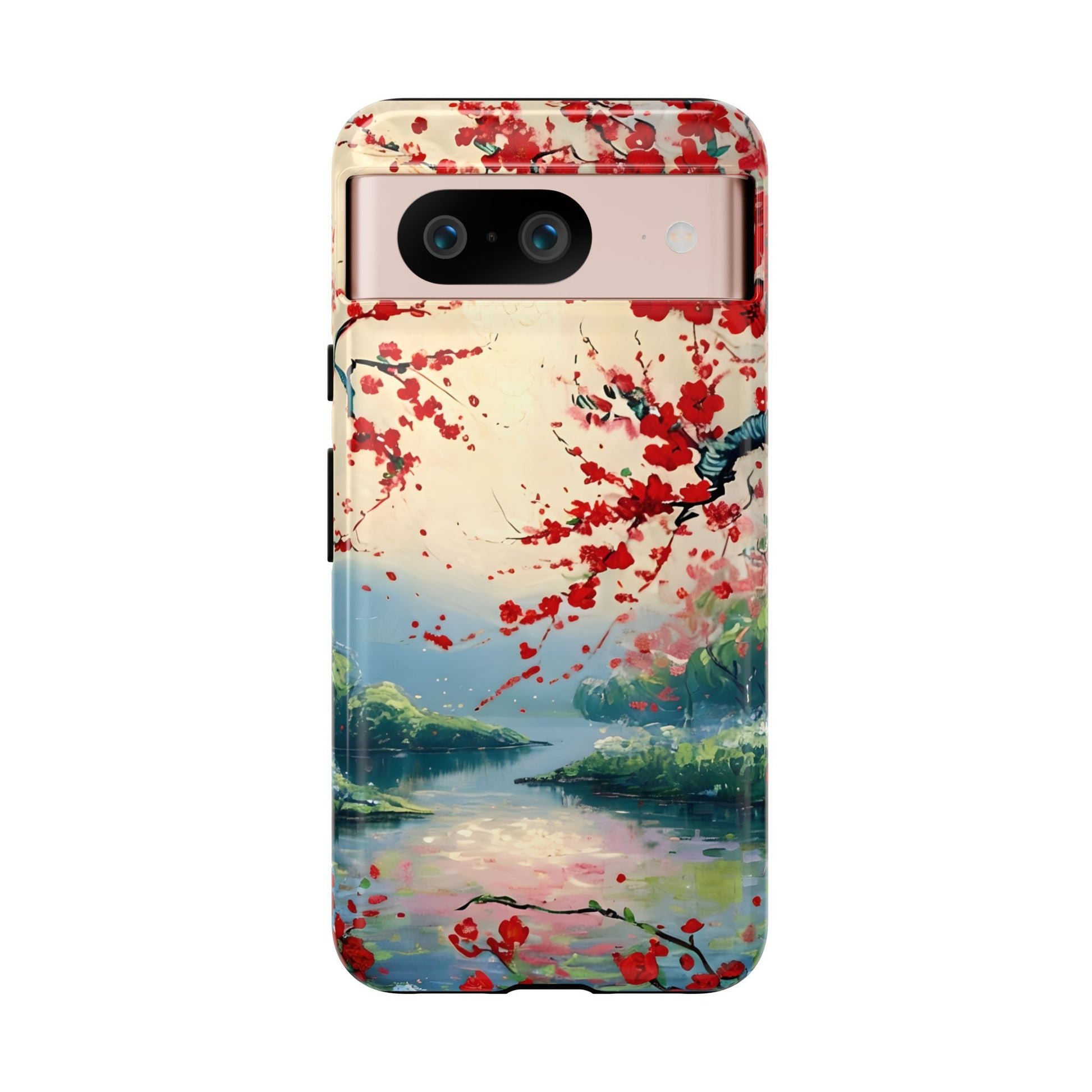 Crimson Blossom Lake - Artistic Floral Landscape Google Pixel 8 Tough Phone Case - Red Cherry Blossoms & Serene Lake Design