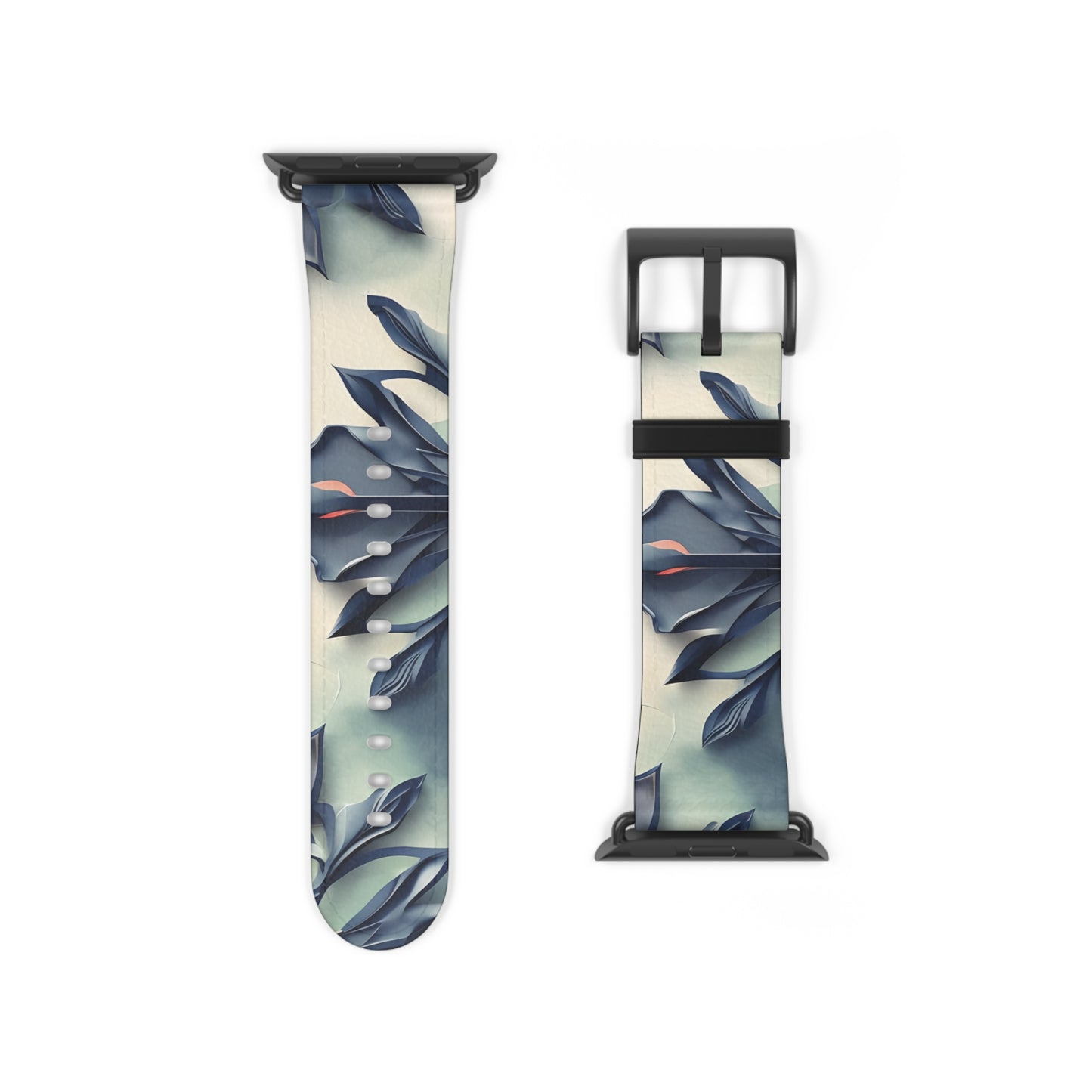 Frosted Indigo Bloom Apple Watch band strap with black clasp displaying cool-toned indigo floral artwork