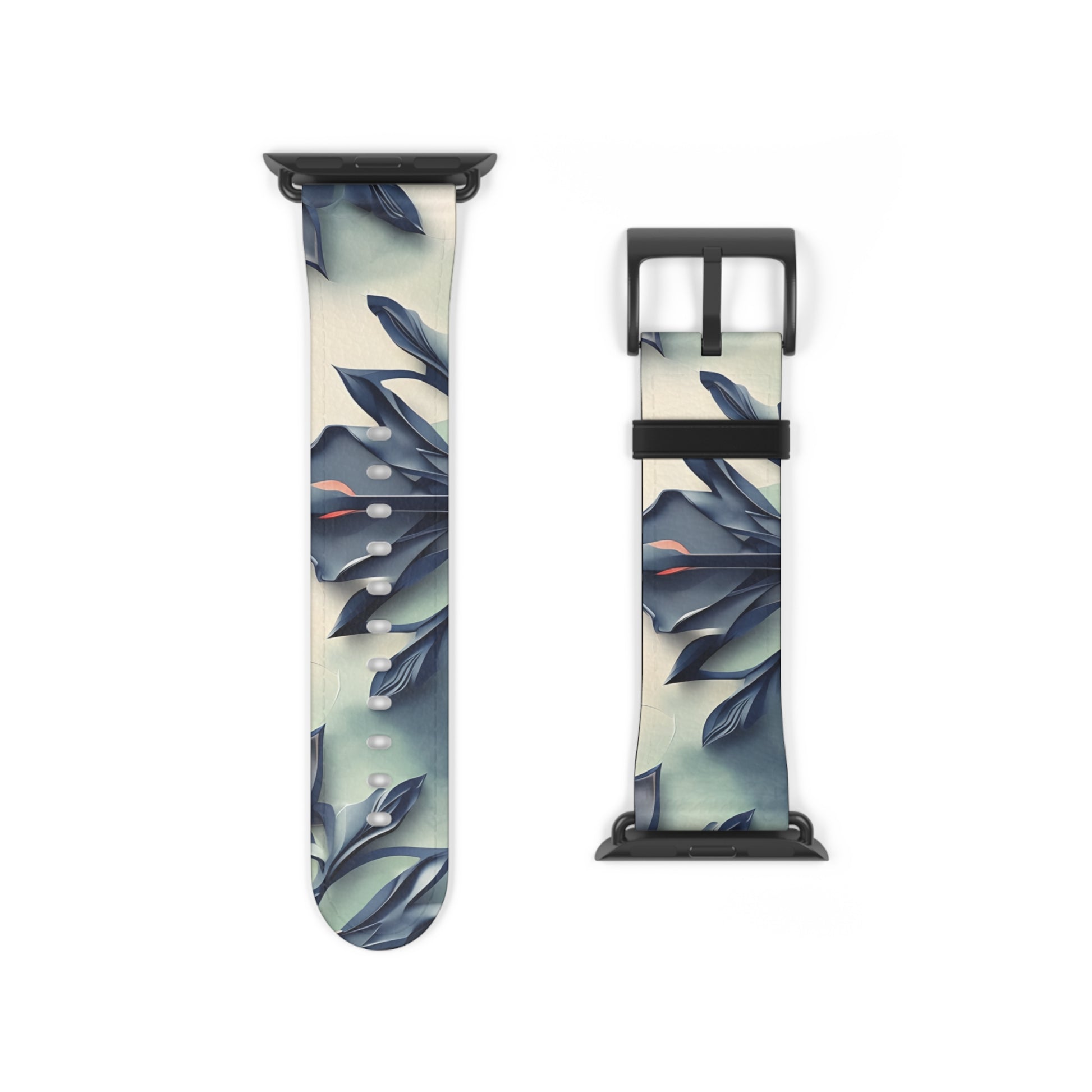 Frosted Indigo Bloom Apple Watch band strap with black clasp displaying cool-toned indigo floral artwork