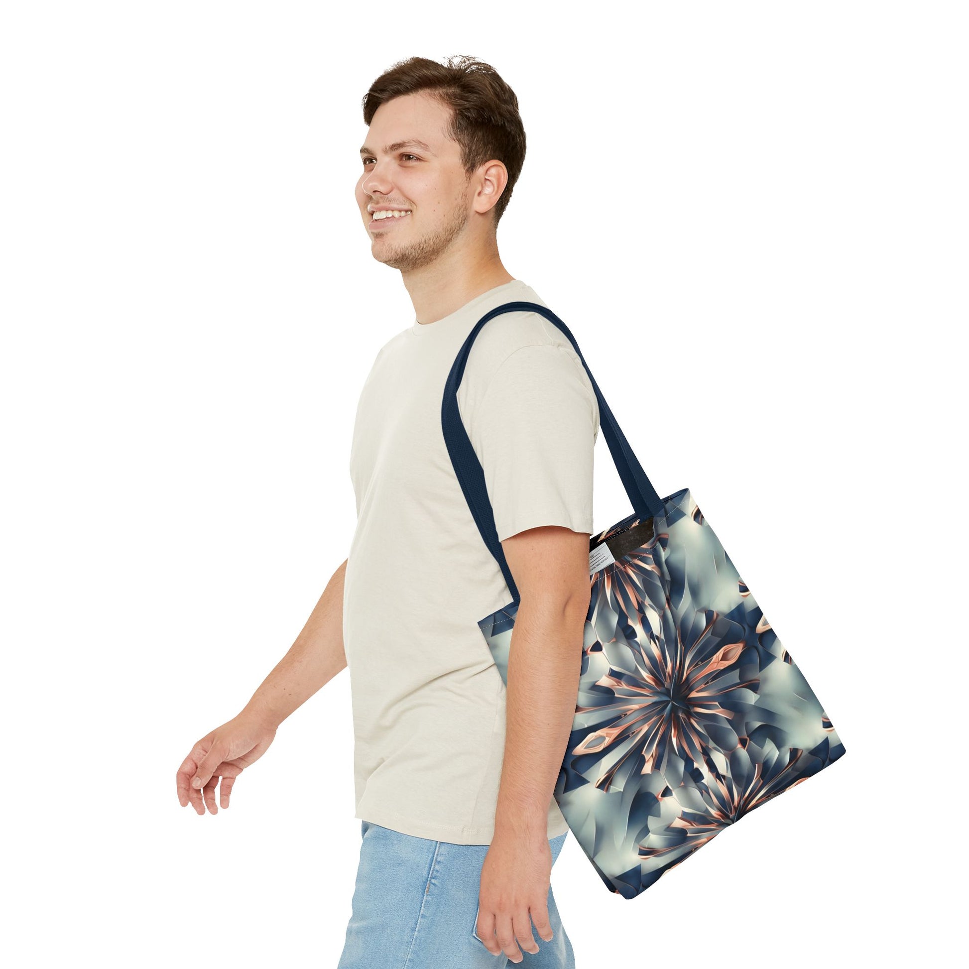 Obsidian Kaleidoscope Canvas Tote Bag (16x16 & 18x18)- Premium Navy Handle Designer Tote, Artistic Eco-Friendly Shopping Bag