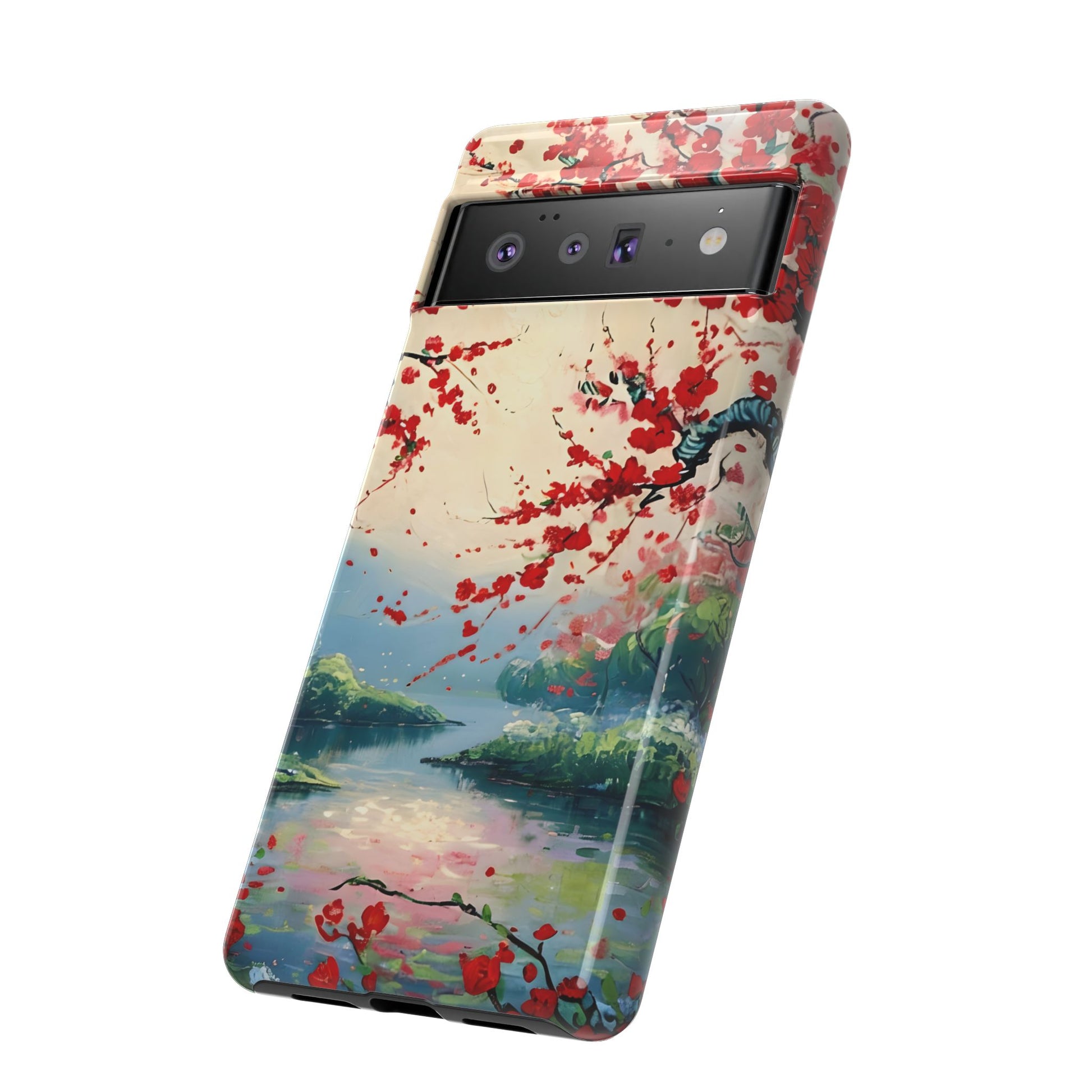 Crimson Blossom Lake - Artistic Floral Landscape Google Pixel 6 Pro Tough Phone Case - Red Cherry Blossoms & Serene Lake Design