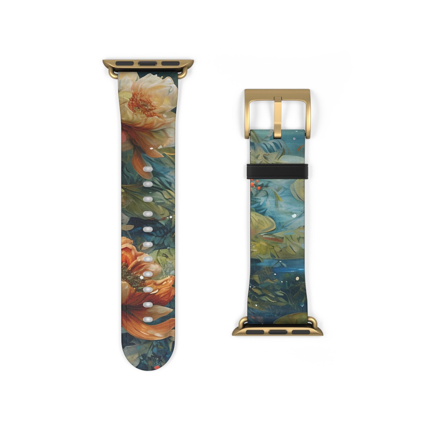 Waterlily Nocturne Apple Watch band strap with gold clasp featuring vibrant water lily floral landscape design