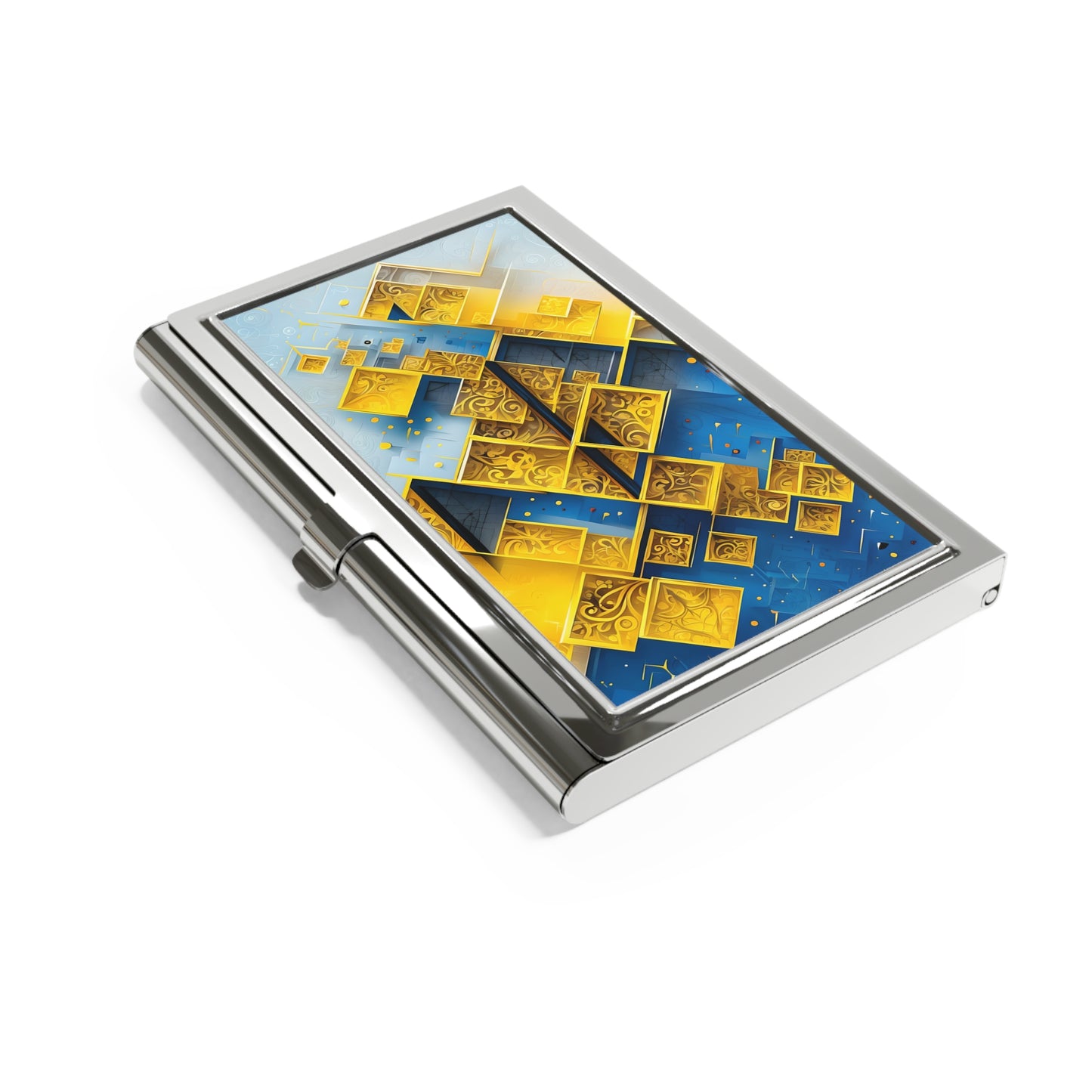 Golden Ascent gold and blue geometric pattern business card holder closed angled view