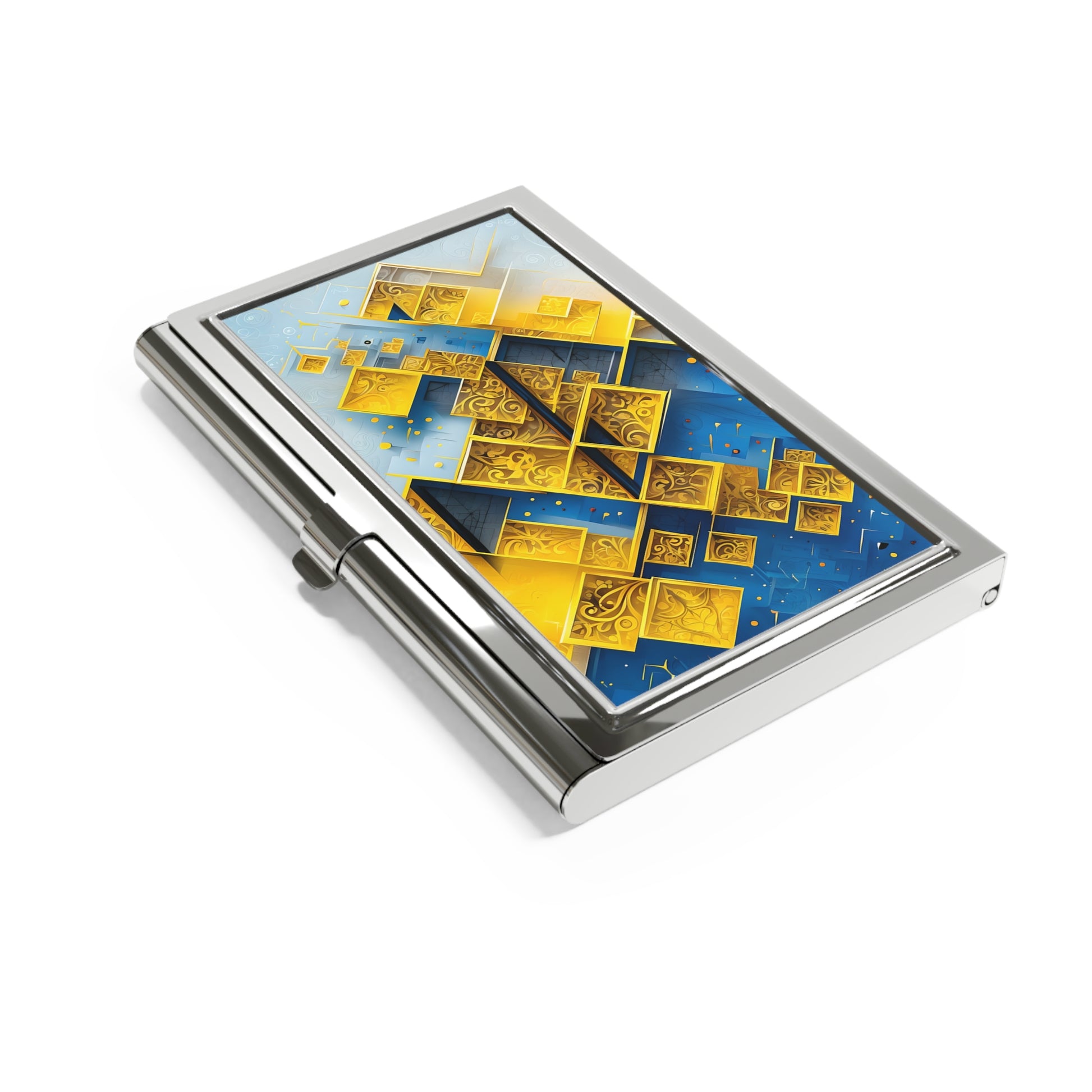 Golden Ascent gold and blue geometric pattern business card holder closed angled view