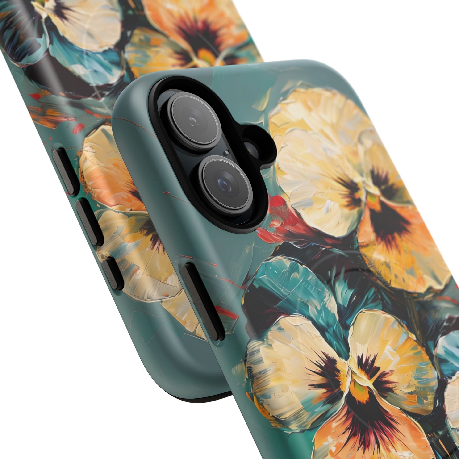 Golden Pansy Cascade - Elegant Floral iPhone 16 Plus MagSafe Case with Deep Teal Background