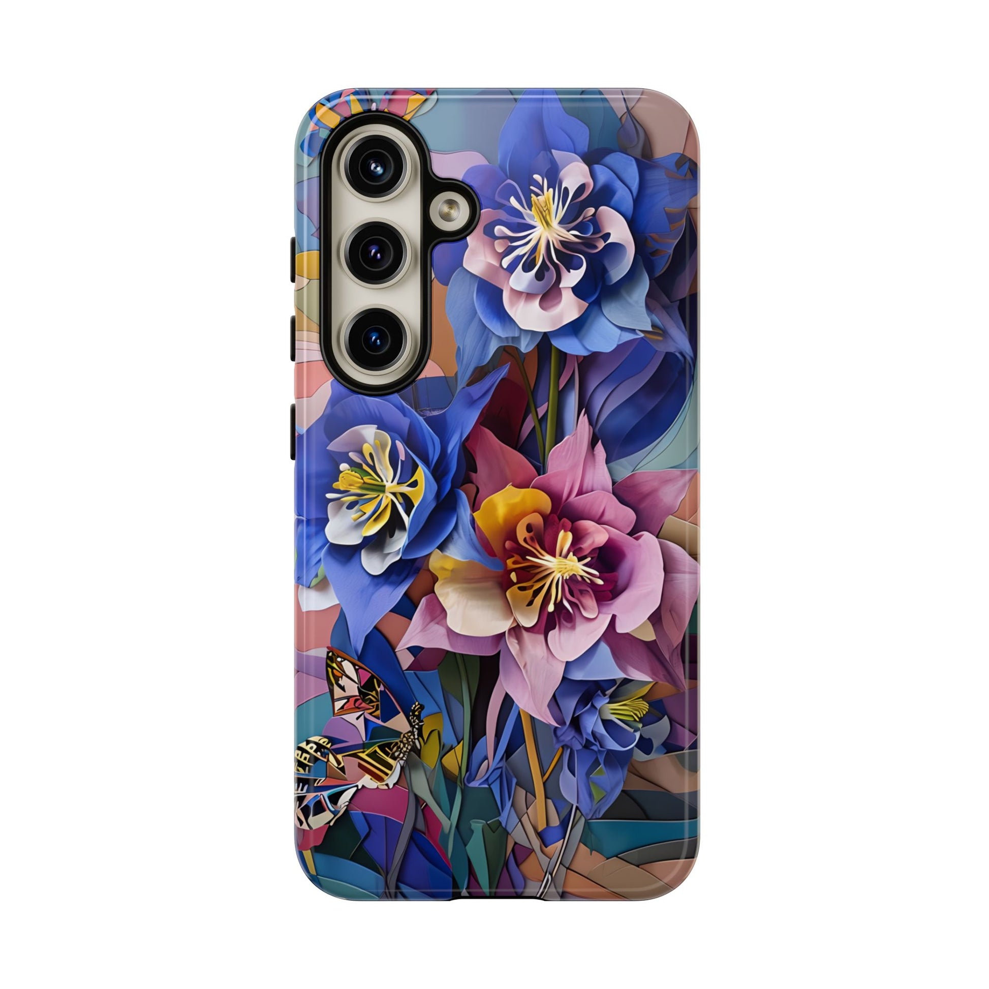 Blue Columbine Carnivale - Artistic Floral & Butterfly Samsung S24 Tough Phone Case - Vibrant Botanical Design