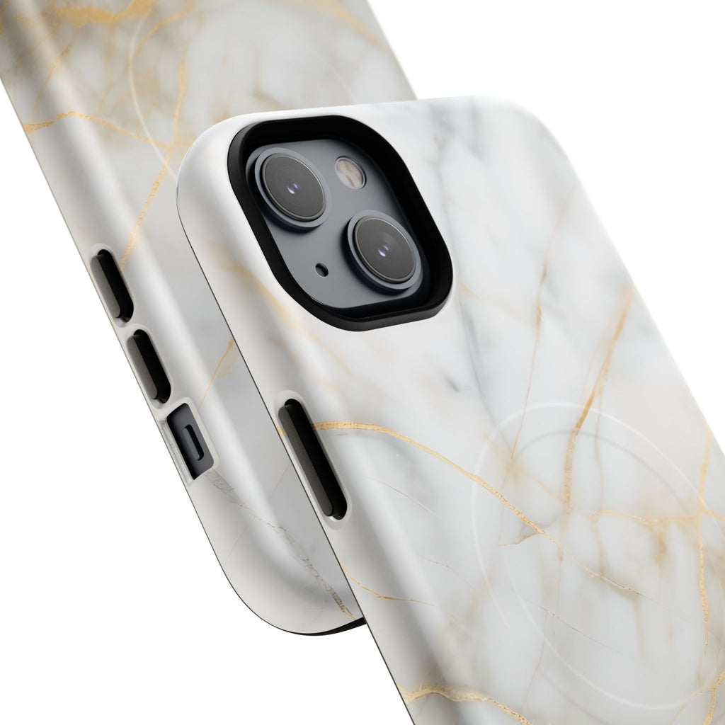 Golden Vein iPhone 14 Plus MagSafe Phone Case -White Neutral Marble Design